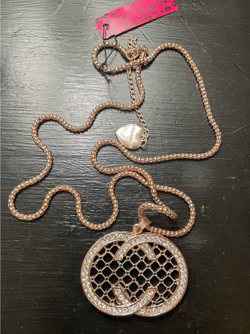 Betsey Johnson Rose Gold Double C’s Crystal Lattice Pendant Necklace